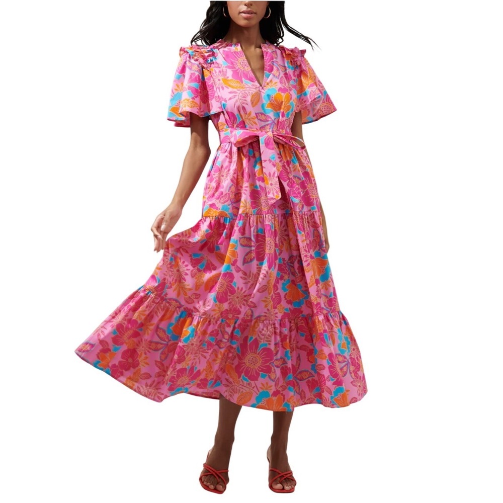 Sugarlips Coconut Grove Escondido Pink Floral Tiered Cotton Midi Dress XS EUC